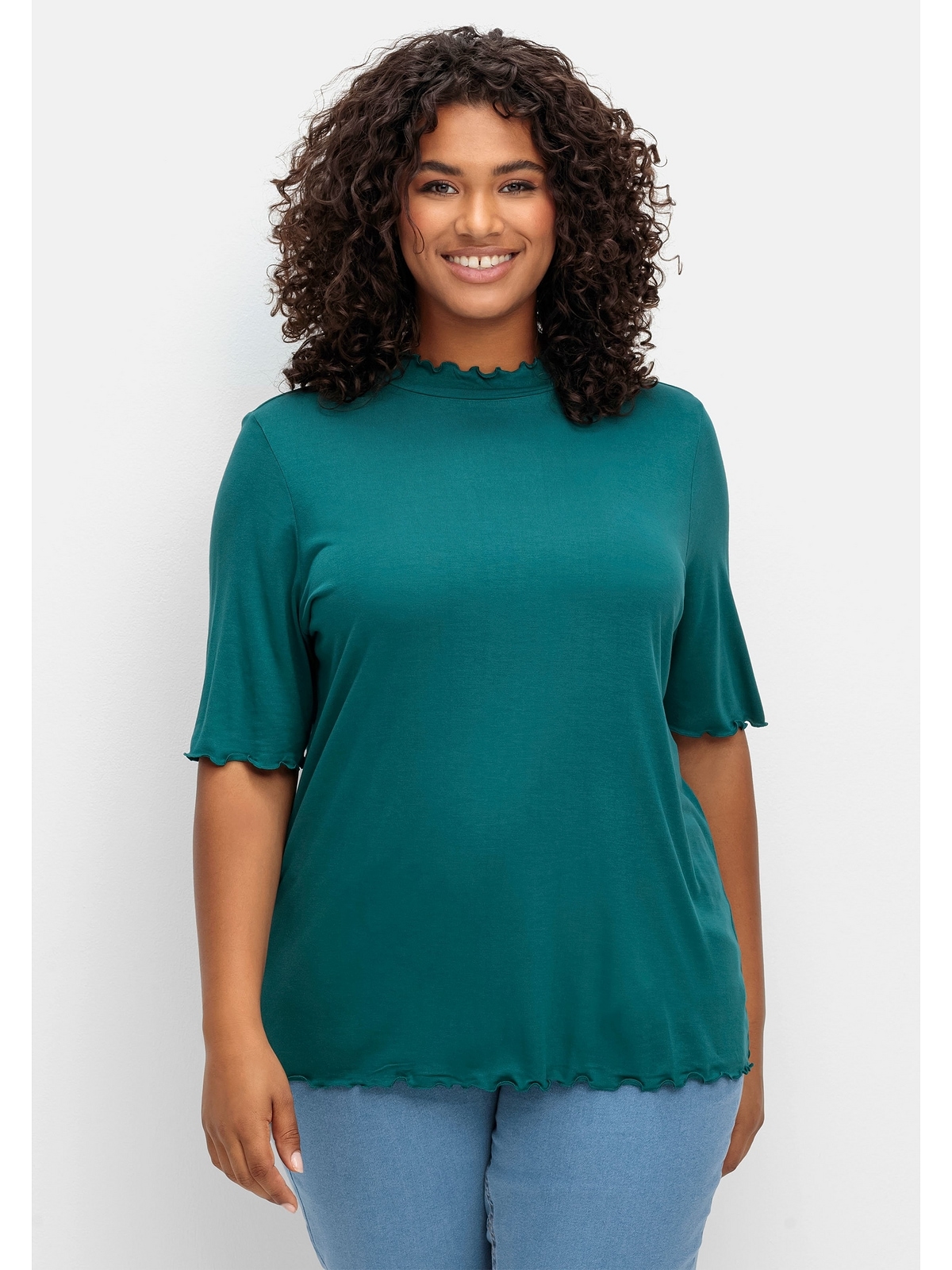 Wellensaumkanten mit Sheego | und »Große online I\'m walking T-Shirt Größen«, kaufen Stehkragen