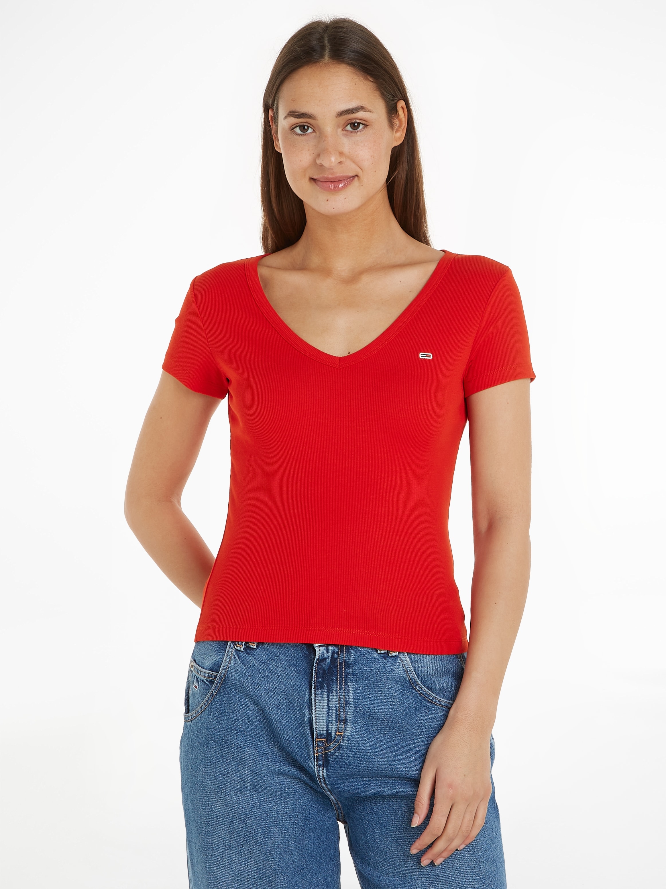 Tommy Jeans T-Shirt Logostickerei Essential Rib kaufen Rippshirt«, V-Neck mit »Slim