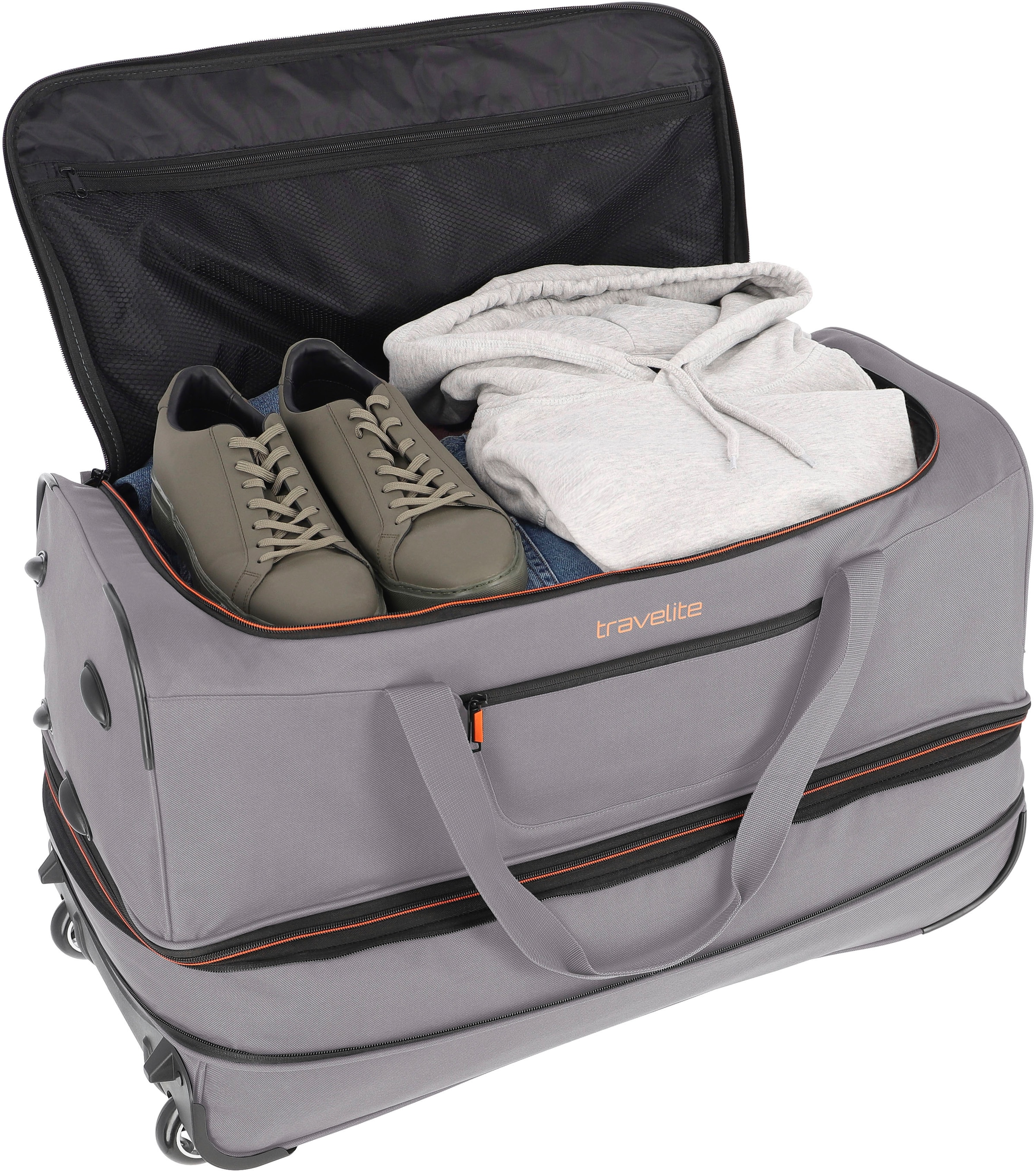 Sie können ganz einfach nach Produkten suchen. travelite Reisetasche I\'m kaufen online Volumenerweiterung | grau/orange«, 70 cm, und mit Trolleyfunktion walking »Basics