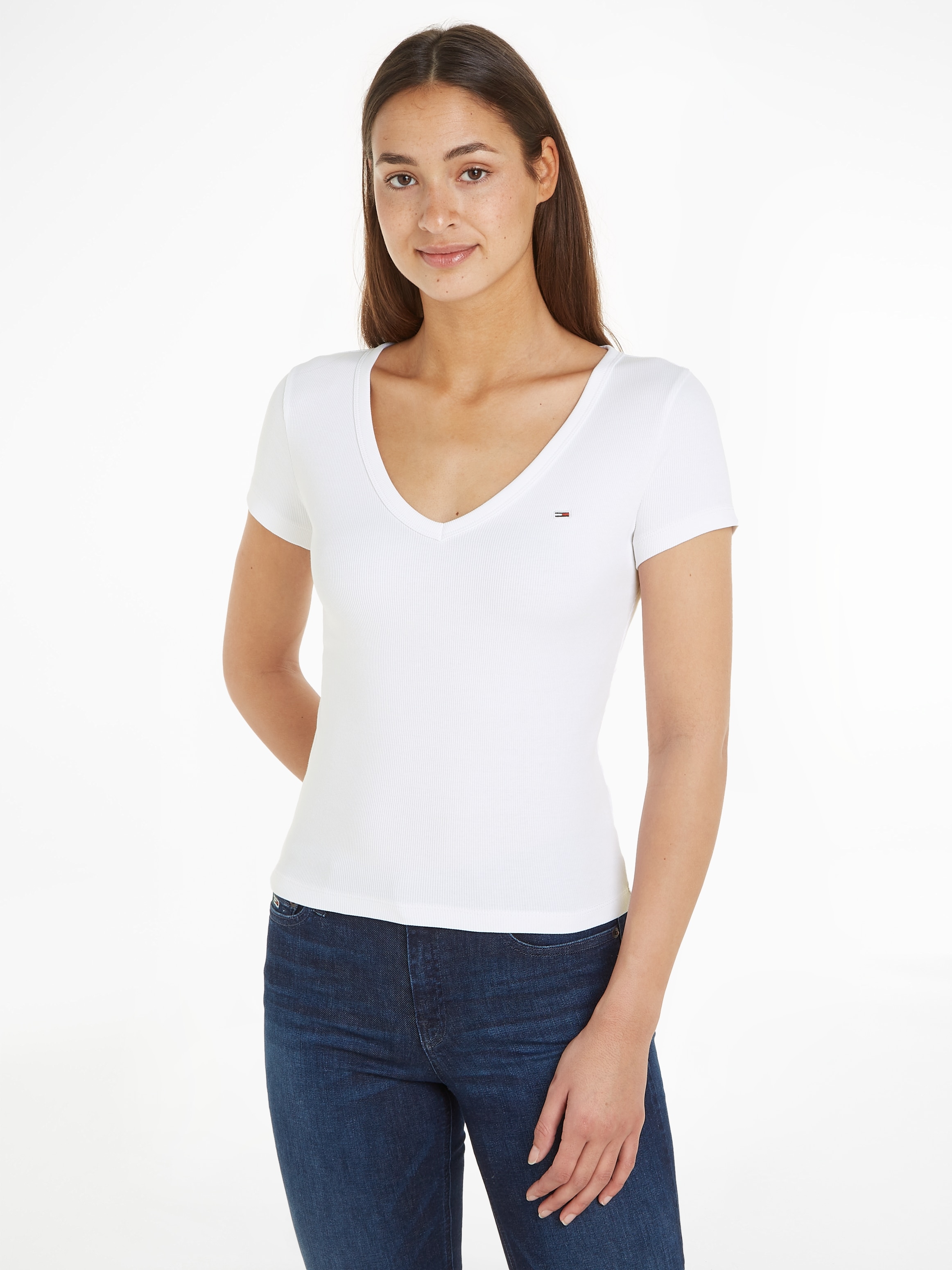 T-Shirt Jeans Tommy Rippshirt«, Logostickerei »Slim kaufen Rib mit V-Neck Essential