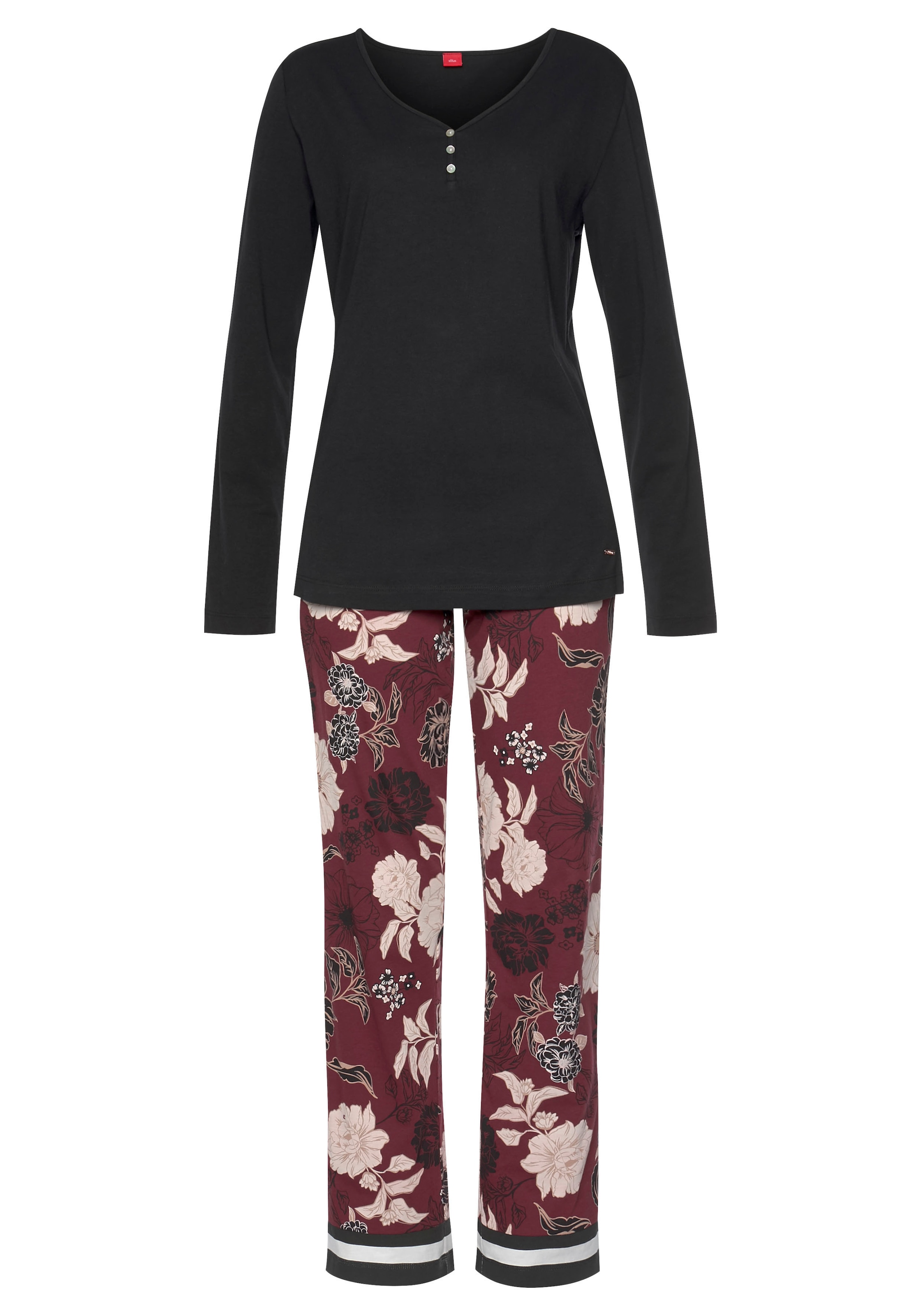 s.Oliver Pyjama, (2 tlg., 1 Stück), im Blumen-Dessin mit Streifen-Details &  Wäsche auf Rechnung bestellen