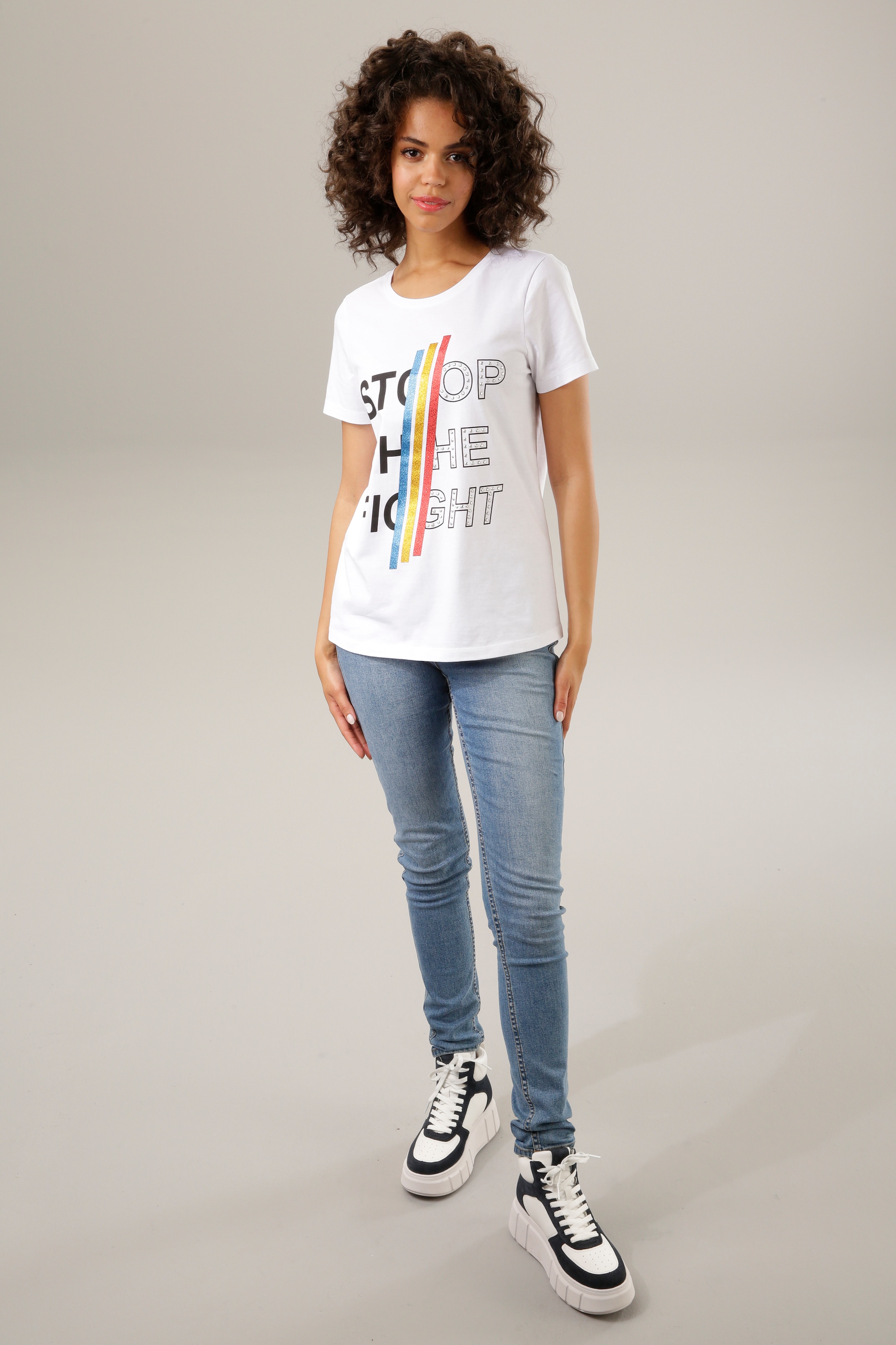 CASUAL und Print-Shirt, bunten shoppen mit Glitzerstreifen, Aniston Nieten Schriftzug