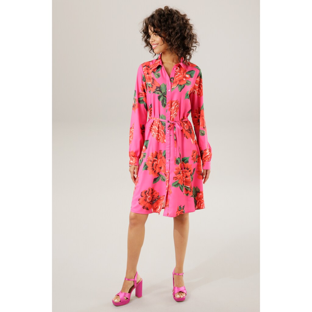 Aniston CASUAL Blusenkleid, (mit abnehmbarem Bindegürtel), mit großflächigem Blumendruck