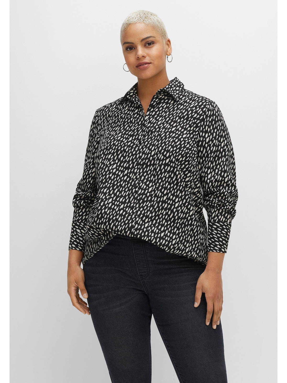 Billig Sheego Hemdbluse Große Größen mit Popeline-Qualität aus Alloverdruck