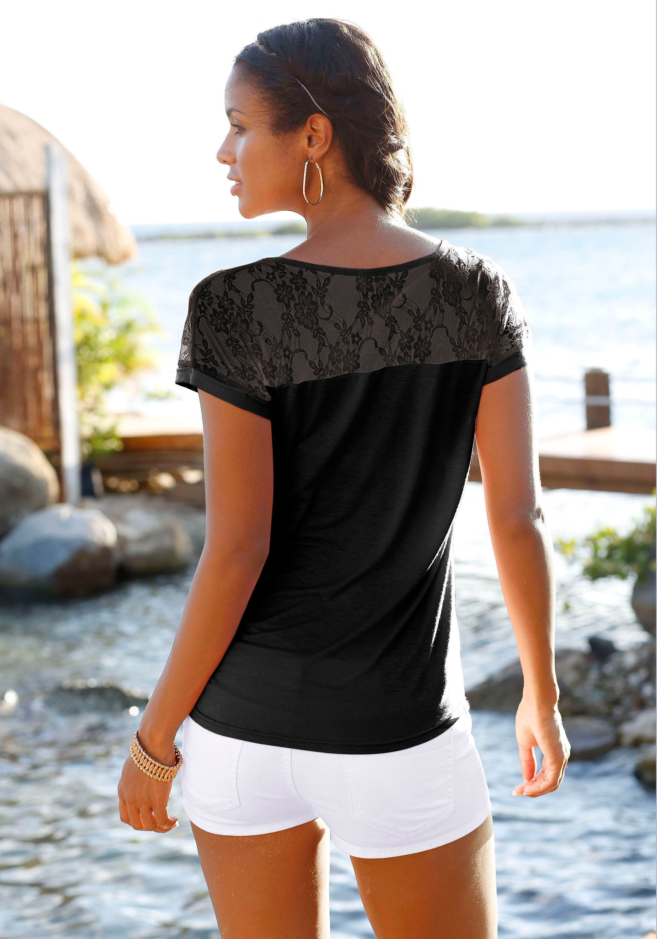 LASCANA Strandshirt, mit elegant walking T-Shirt, Spitzeneinsatz, | kaufen Kurzarmshirt, I\'m