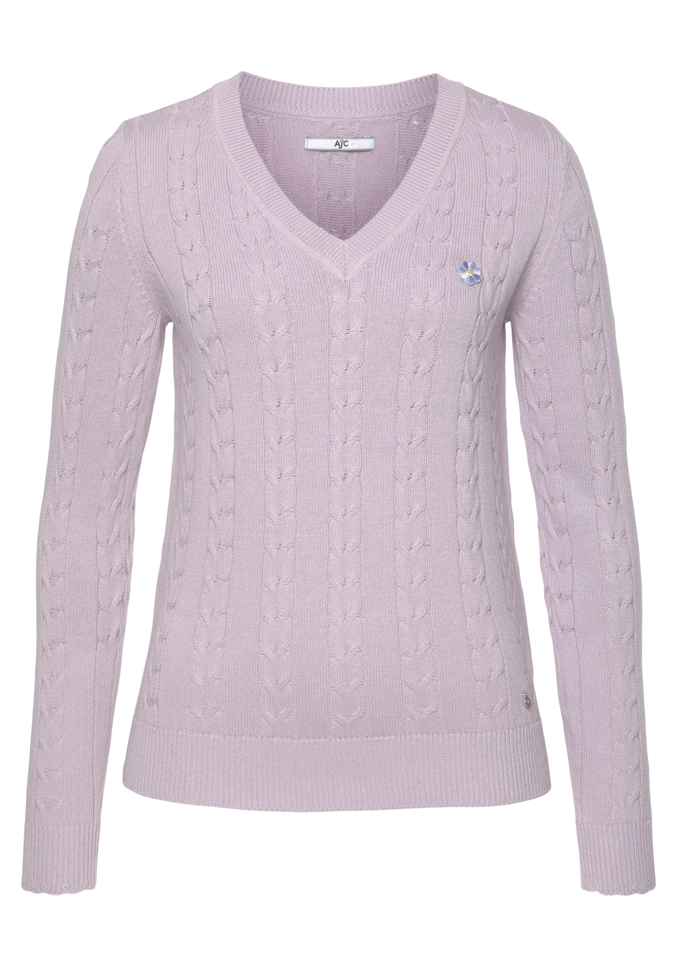 AJC V-Ausschnitt-Pullover, mit Zopfmuster und Stickerei kaufen