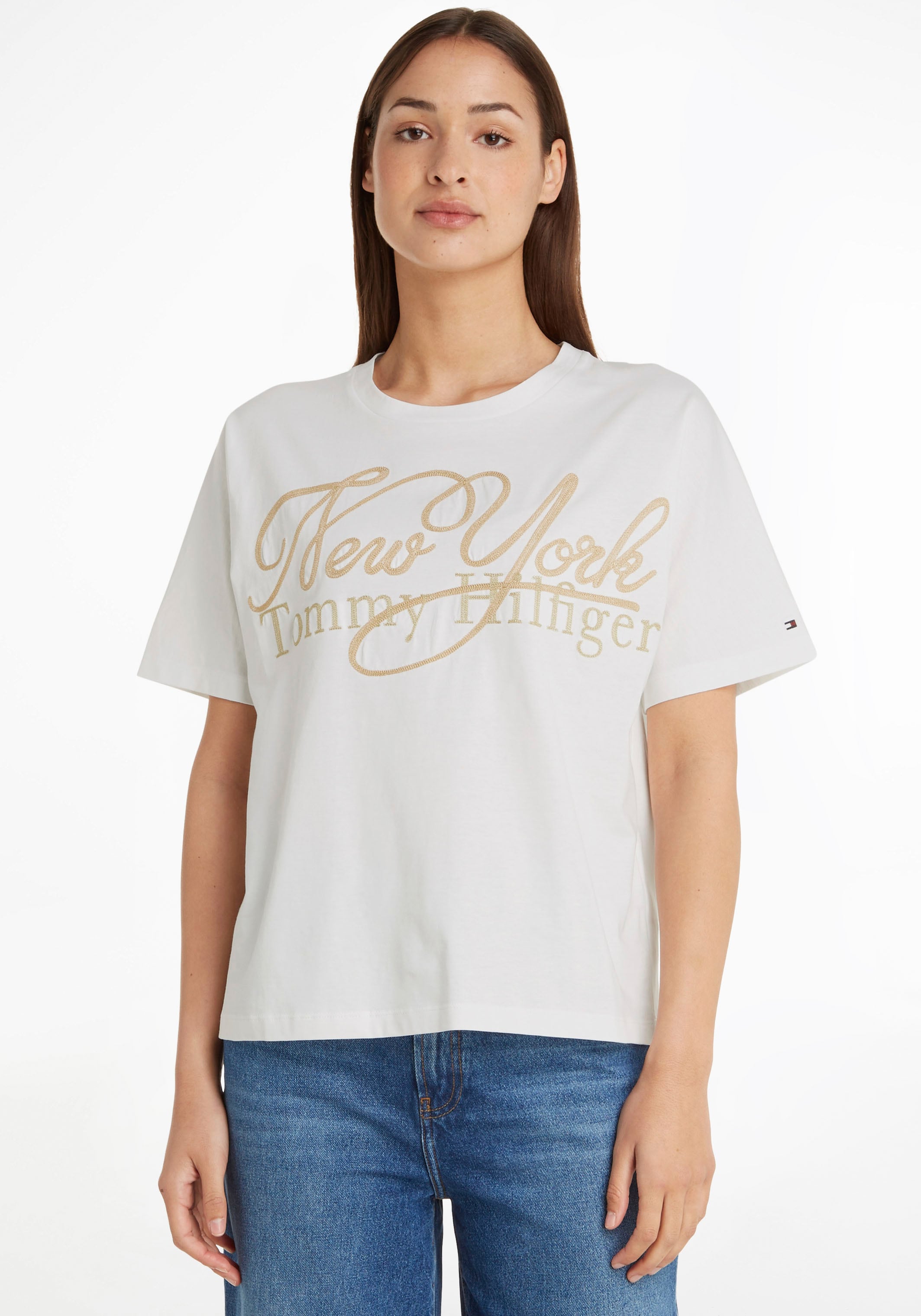 Tommy Hilfiger T-Shirt »RLX NY METALLIC C-NK SS«, mit metalicfarbenen Print  & Tommy Hilfiger Markenlabel bestellen | I'm walking