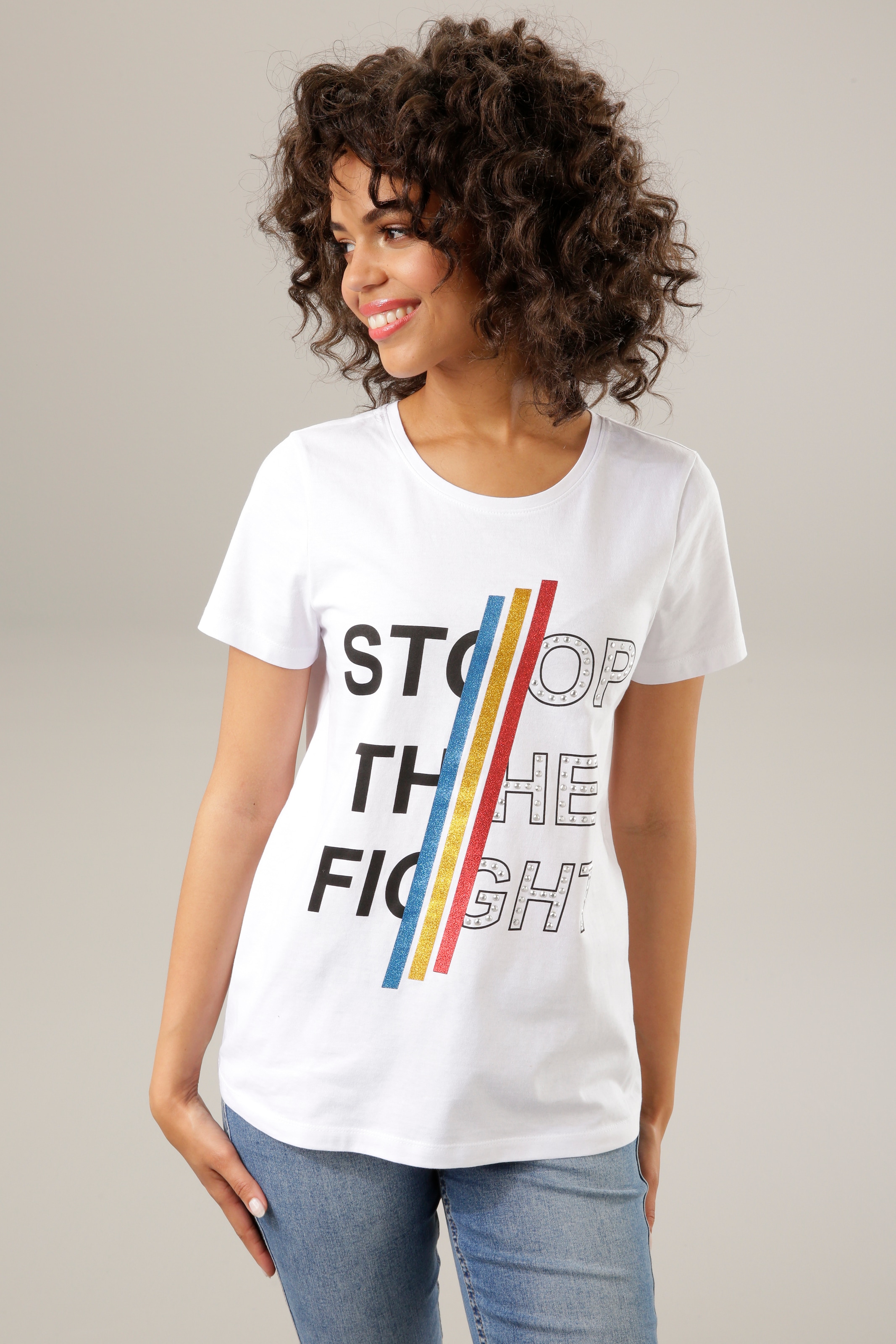 Aniston CASUAL Print-Shirt, mit bunten Glitzerstreifen, Nieten und  Schriftzug shoppen | Röcke