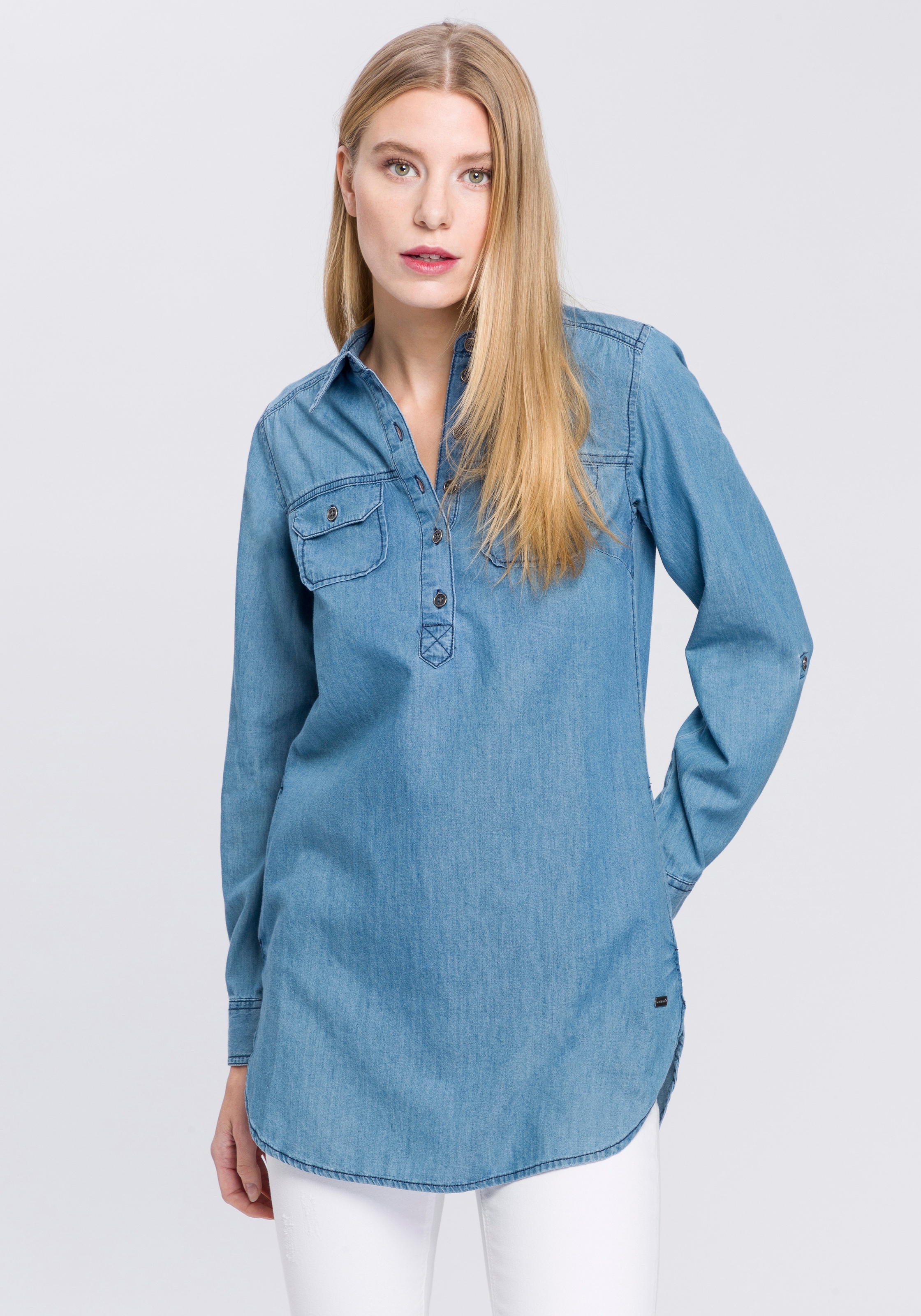 Arizona Jeansbluse Krempelärmel mit Riegel im Tunikastil