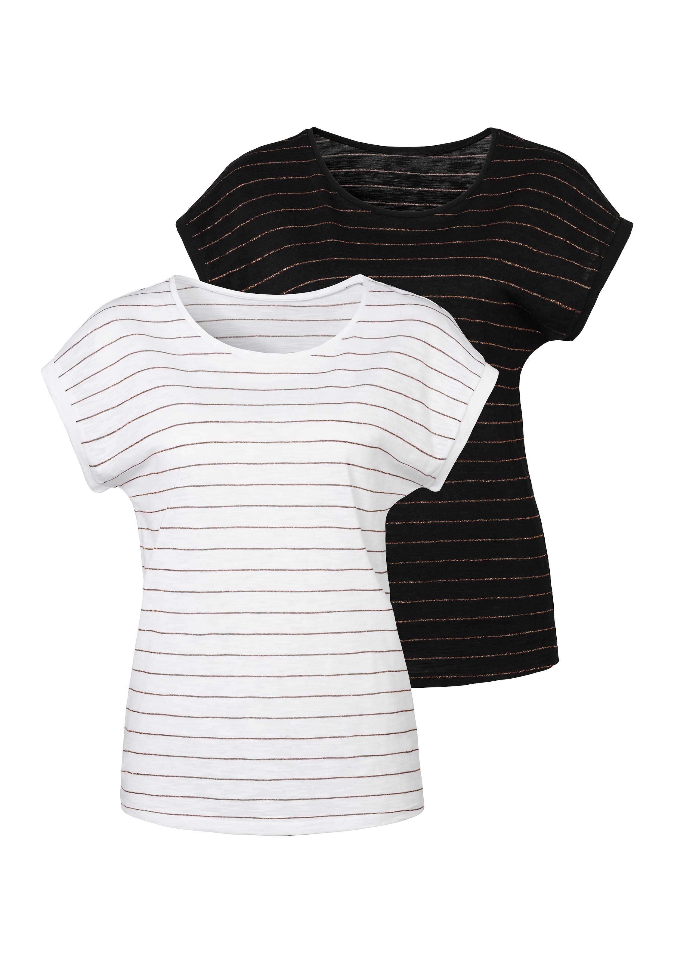 Vivance T-Shirt, (2er-Pack), mit kupferfarbenen Lurex-Streifen