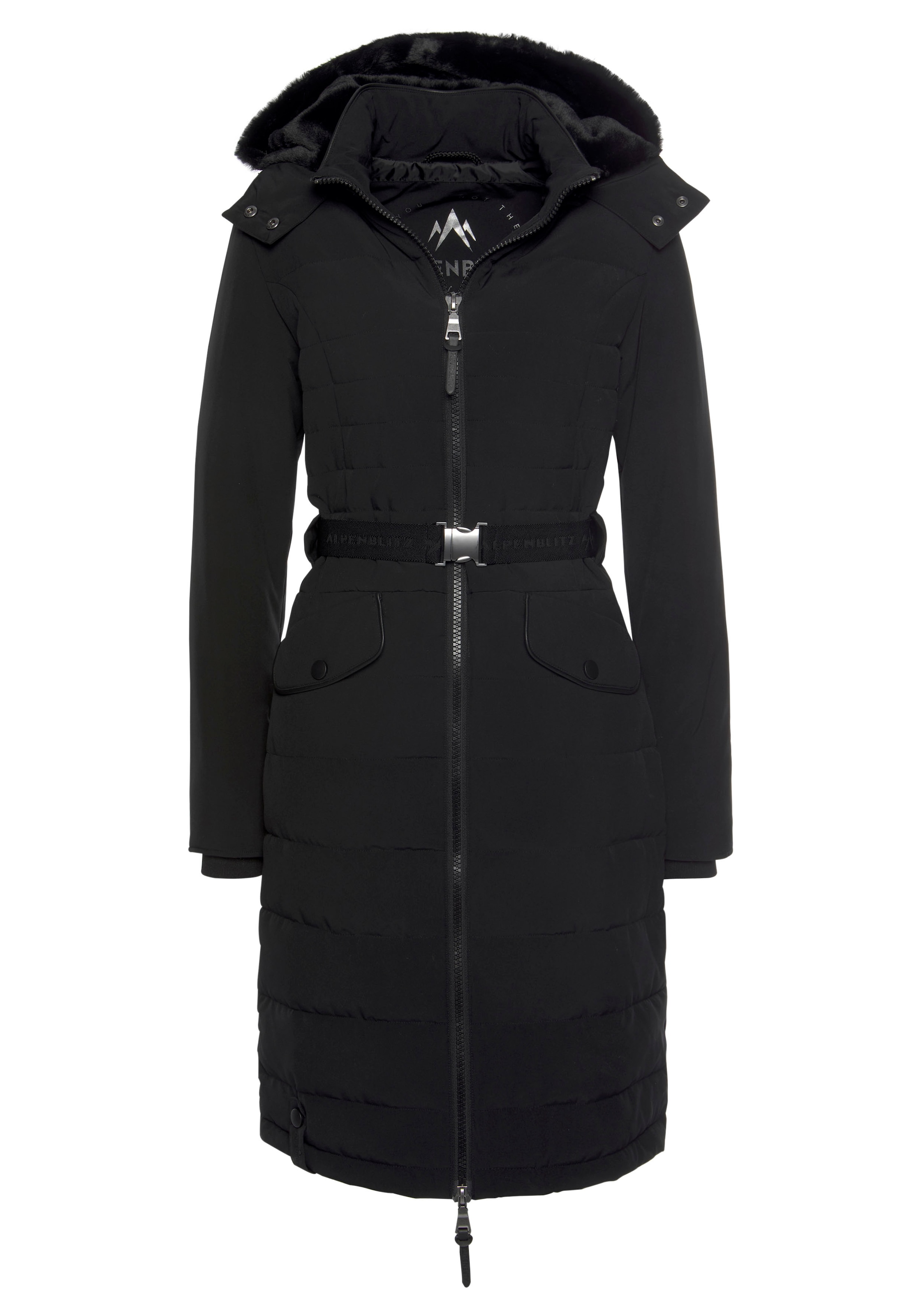 ALPENBLITZ Steppmantel »Oslo long«, Mantel mit Markenprägung auf dem Gürtel  & abnehmbarer Kuschel-Kapuze kaufen | Zip Hoodies