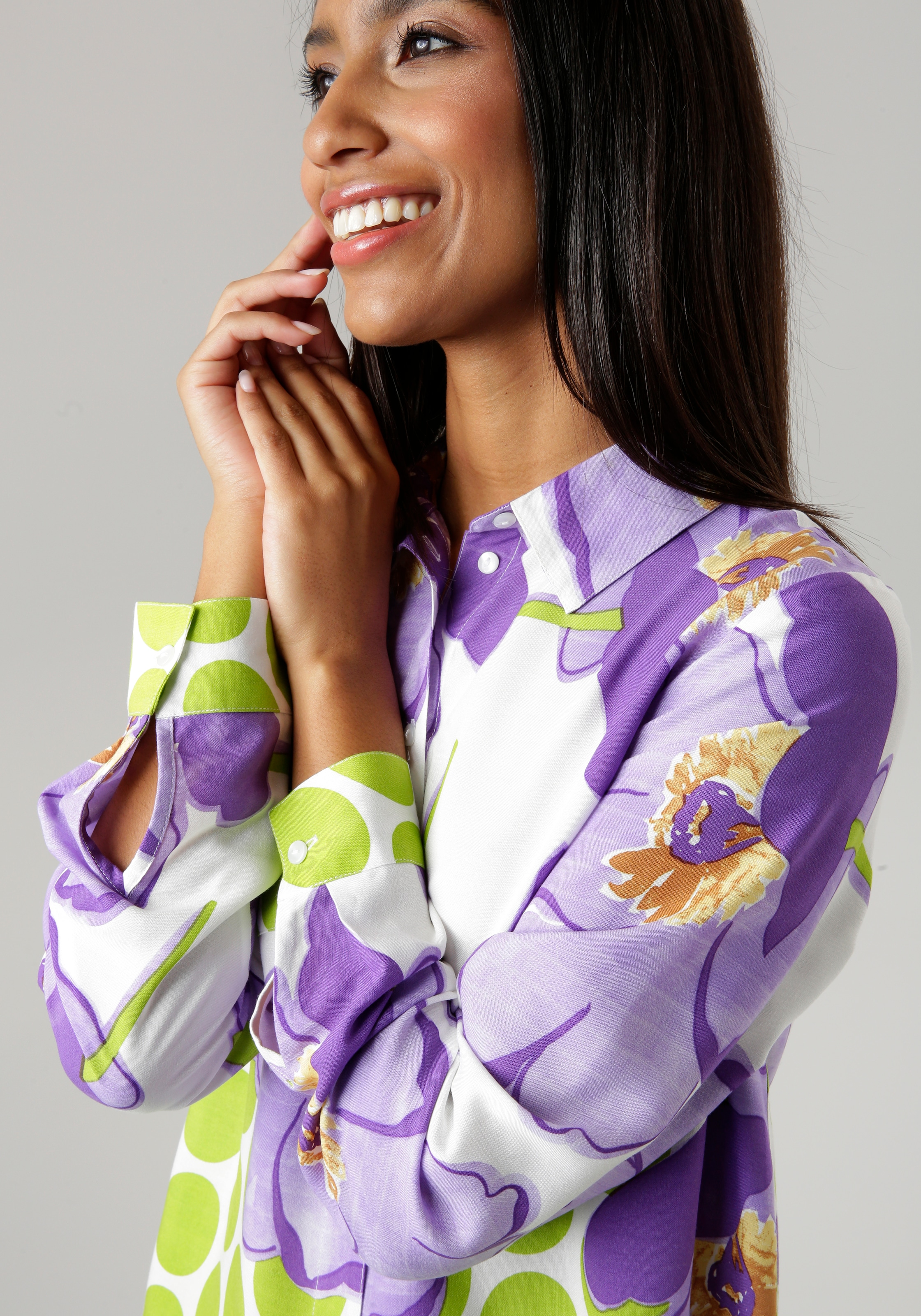 Aniston SELECTED Hemdbluse, mit plakativem Blütendruck und gepunkteter  Bordüre - NEUE KOLLEKTION online kaufen | I'm walking