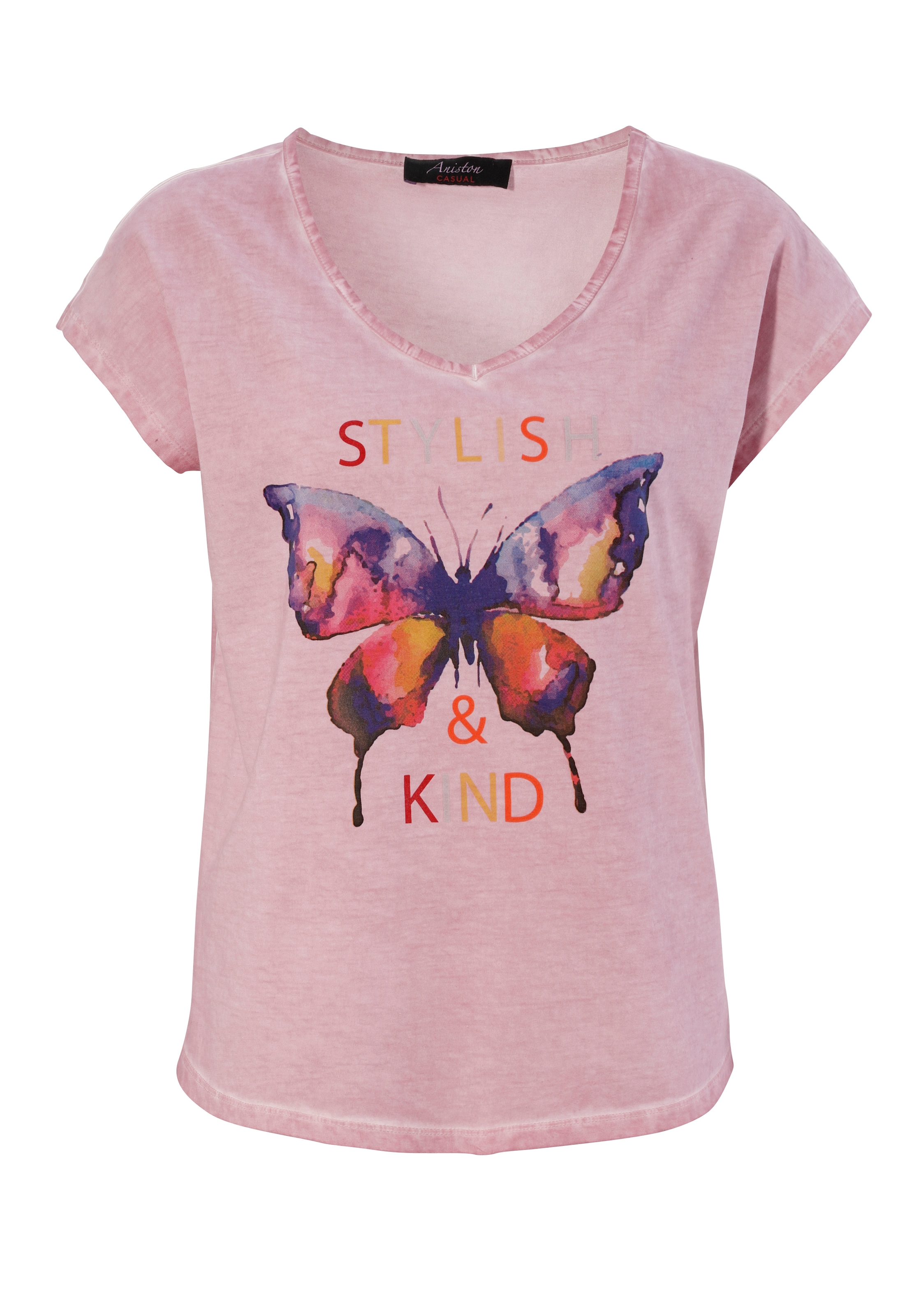 Schmetterling kaufen CASUAL | und I\'m batikfarbigem Aniston mit T-Shirt, Schriftzug walking