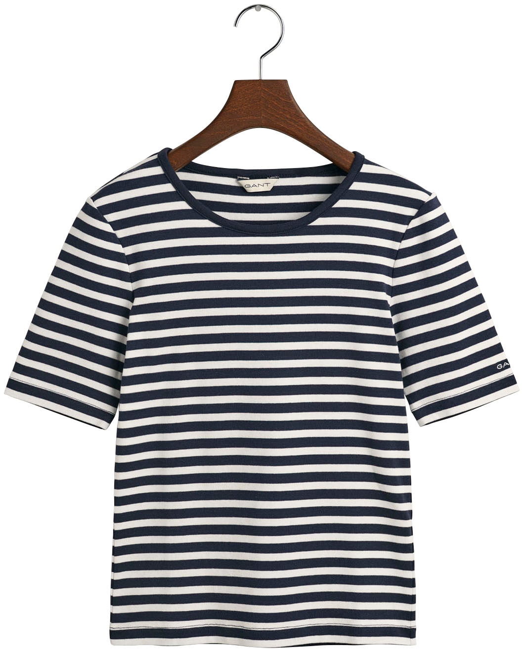 Gant T-Shirt »SLIM STRIPED KA mit Ärmelabschluss dezentem RIBBED 1X1 online T-SHIRT«, am Logoschriftzug