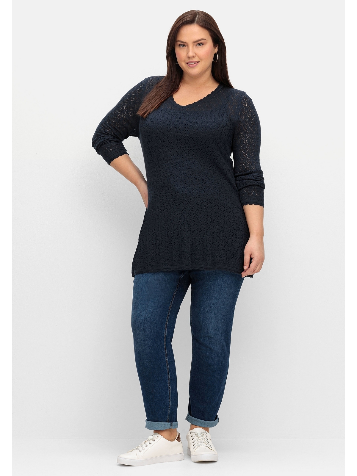 Sheego V-Ausschnitt-Pullover »Große Größen«, aus Ajourstrick, in leichter A- Linie online kaufen | I'm walking