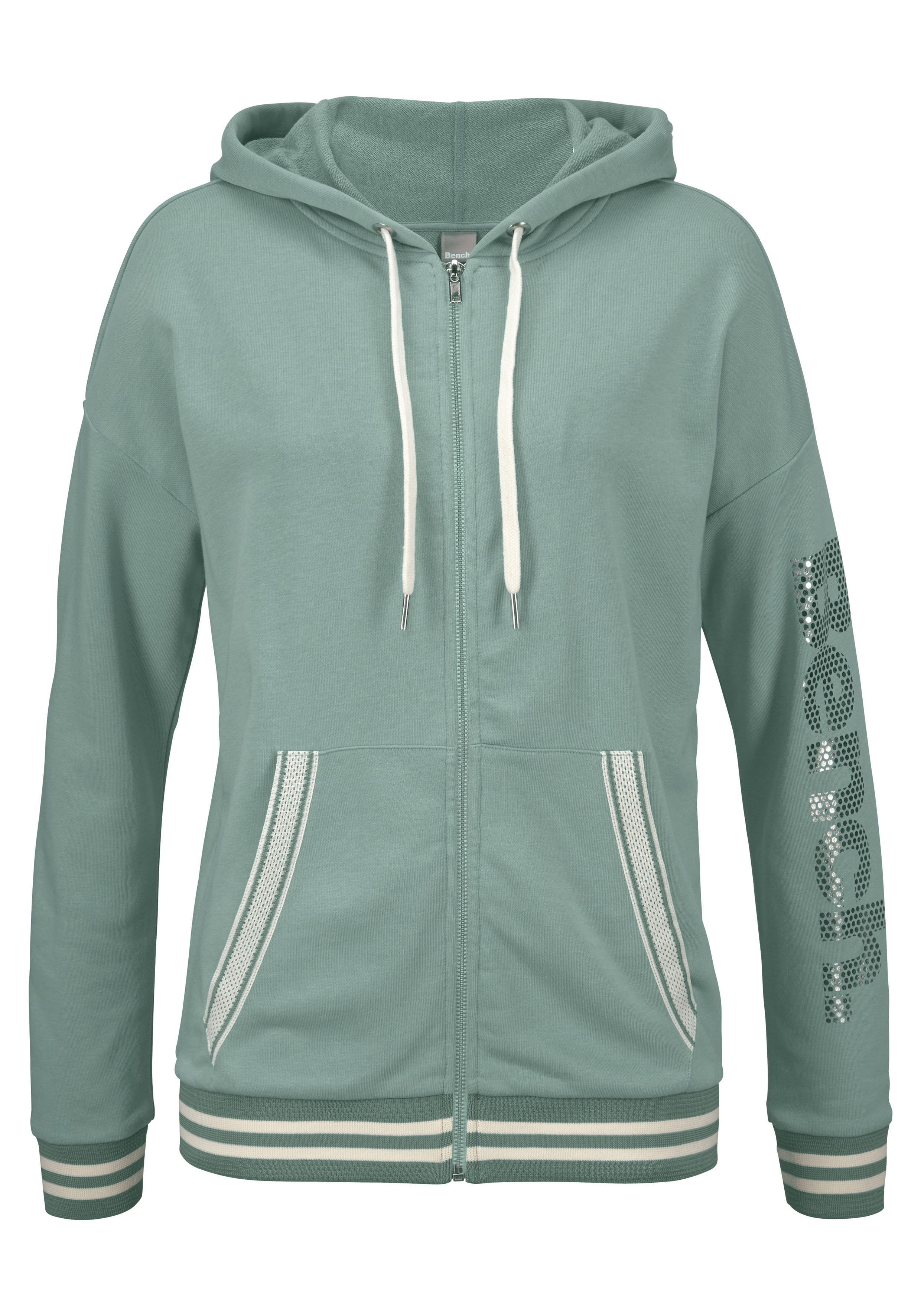 Kapuzensweatjacke, mit gestreiften Bündchen und Glanzprint, Loungewear
