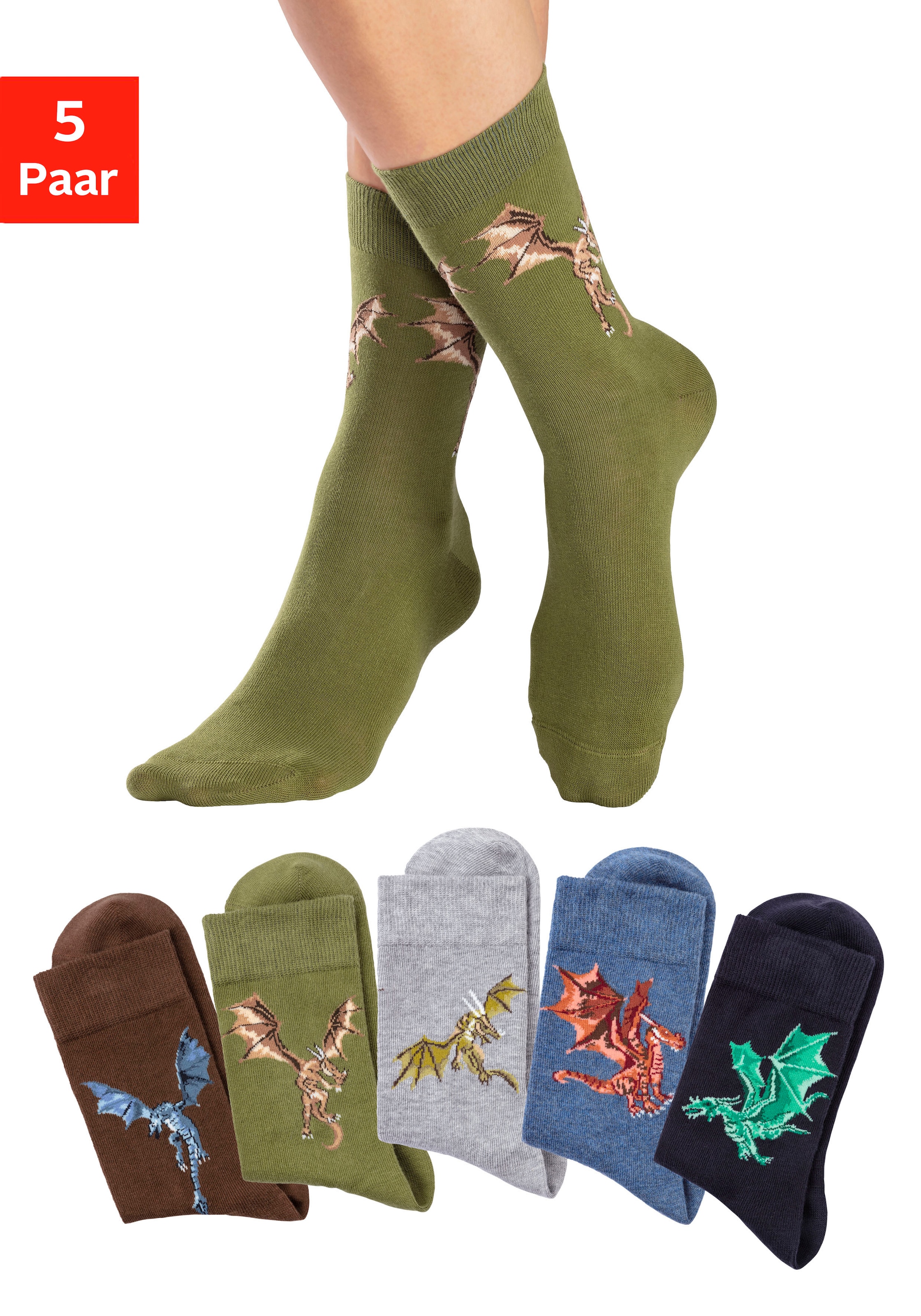 H.I.S Socken, (5 Paar), mit unterschiedlichen Drachen Motiven im Onlineshop  | I\'m walking | Lange Socken