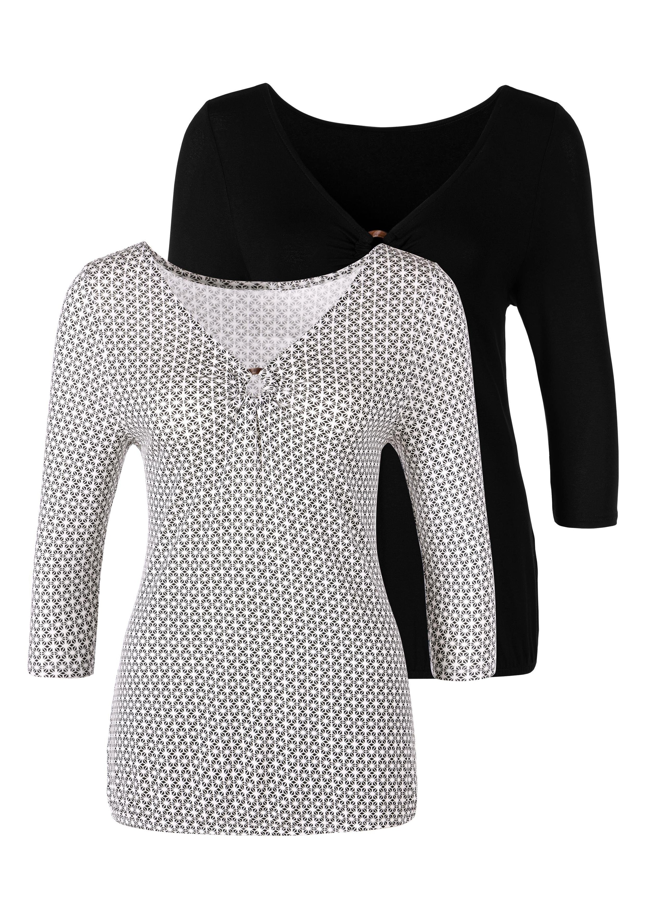 LASCANA 3/4-Arm-Shirt (2er-Pack) mit Ringeinsatz in Hornoptik vorn
