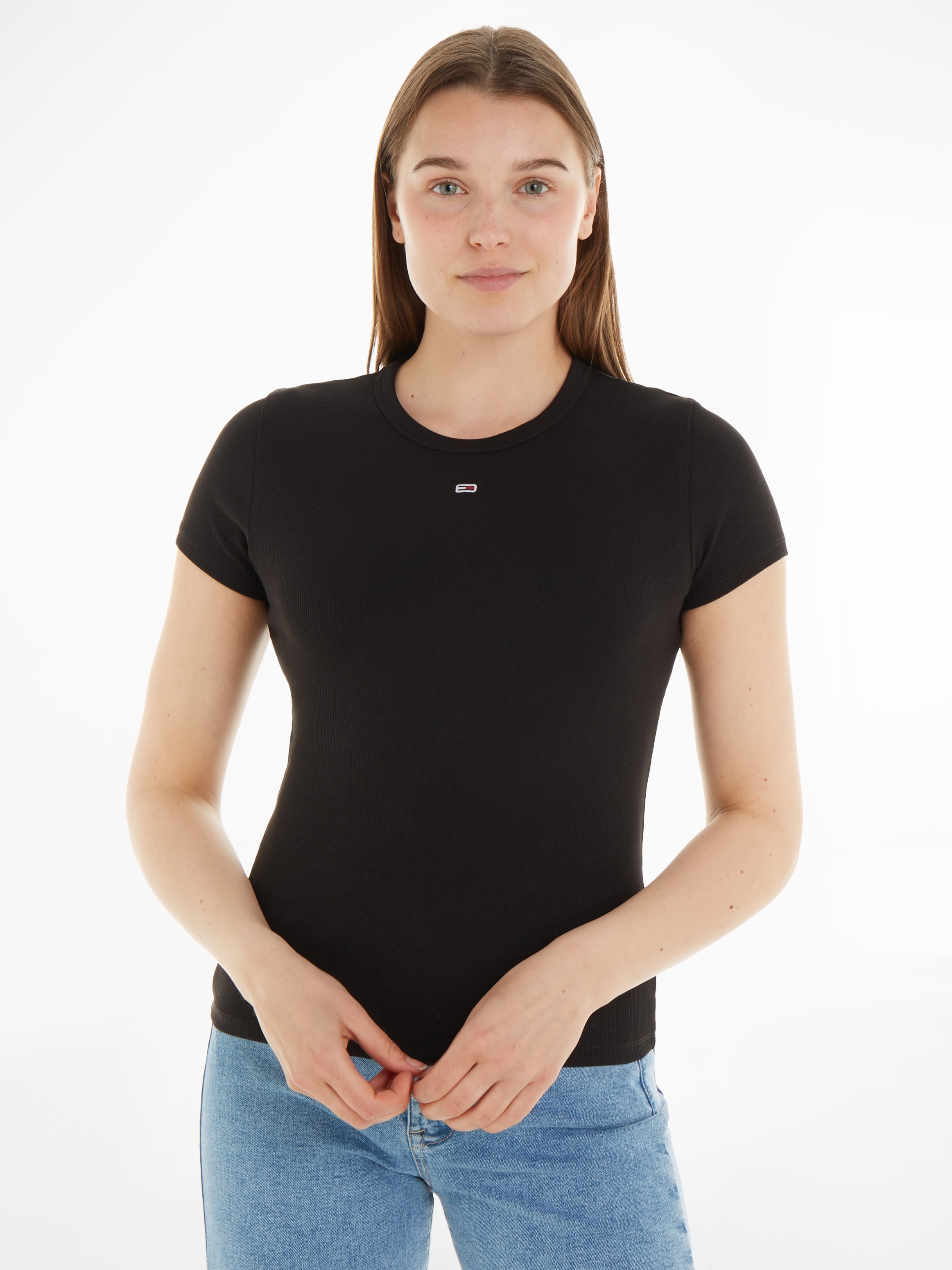 mit Shirt, Rib Tommy »Slim Essential Rippshirt T-Shirt Logostickerei Jeans Rundhalsshirt«, online