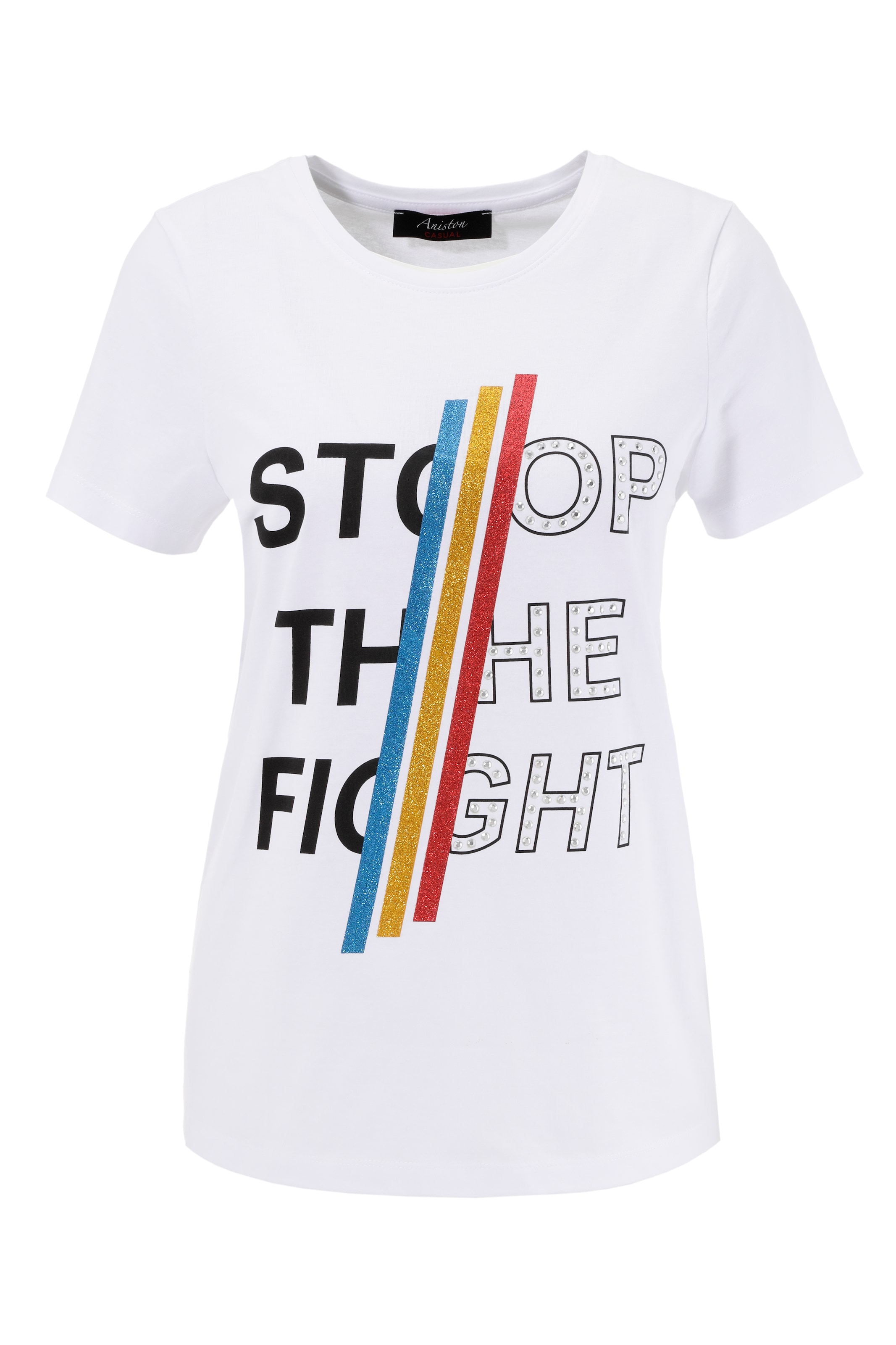 Aniston CASUAL Print-Shirt, mit bunten Glitzerstreifen, Nieten und  Schriftzug shoppen