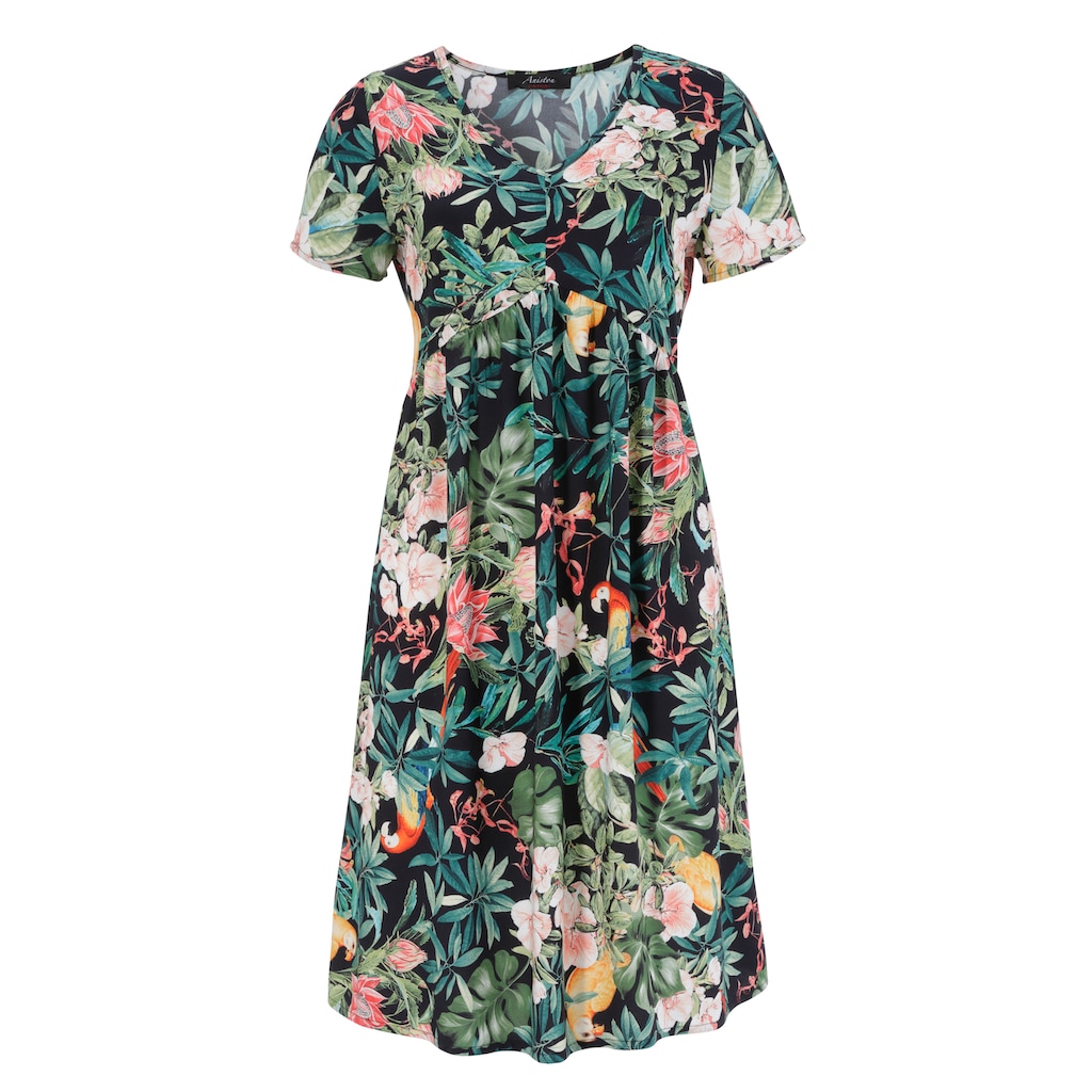 Aniston CASUAL Sommerkleid Tropical-Print mit Papageien Blumen und Blättern