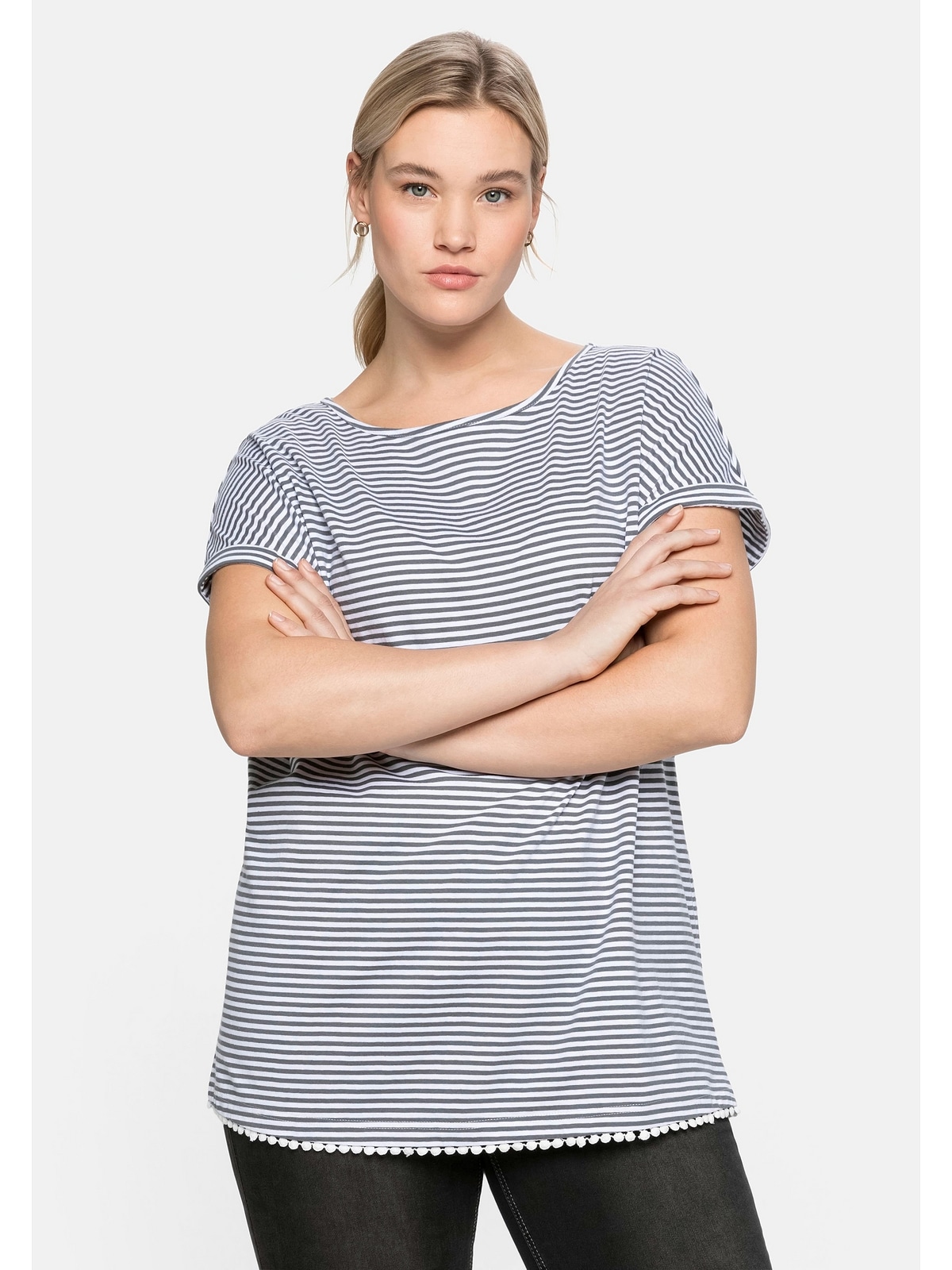 Sheego Oversize-Shirt garngefärbten Saum Dekokante am kaufen und Ringeln »Große mit Größen«