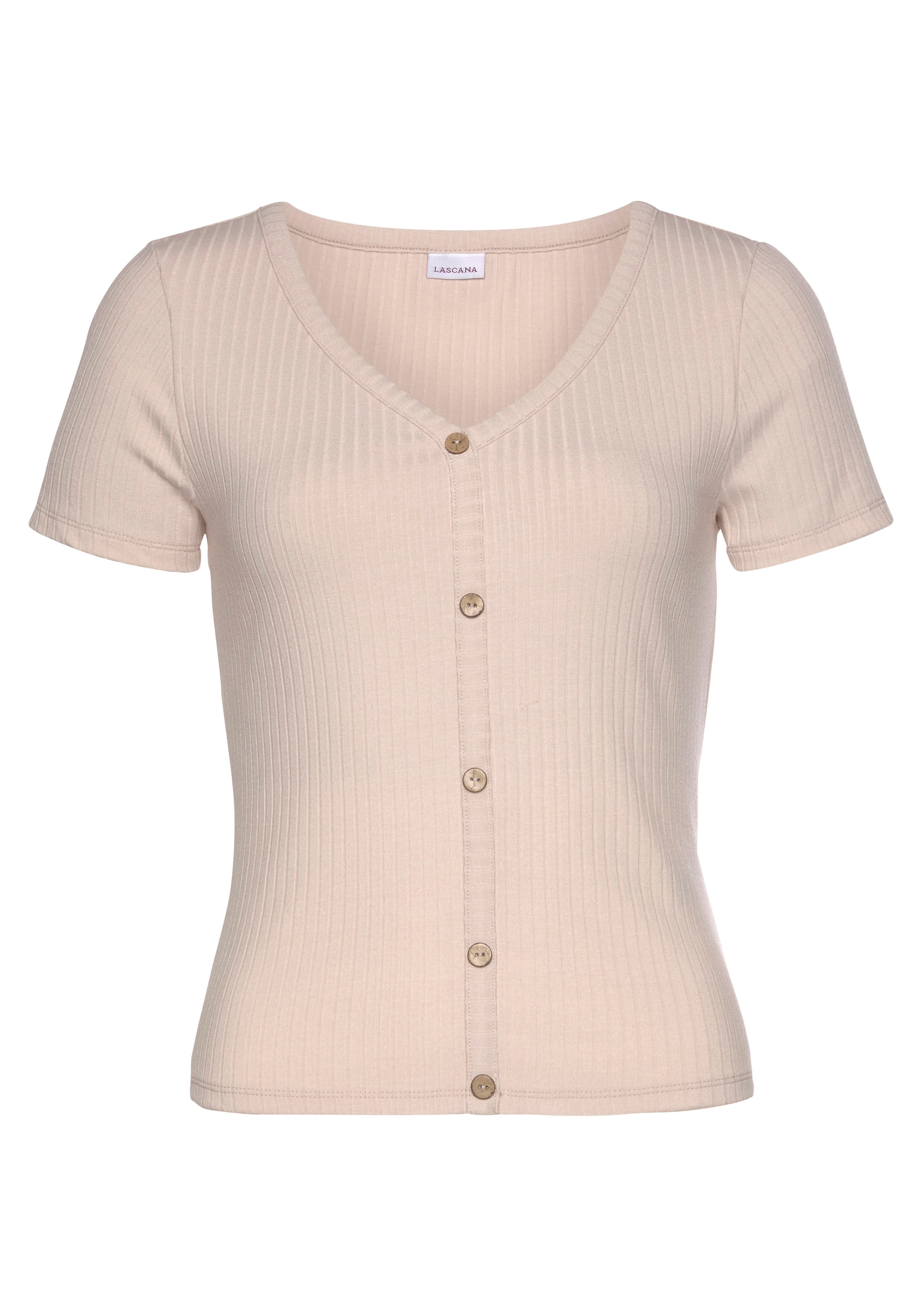 LASCANA Kurzarmshirt, mit Rippware T-Shirt, V-Ausschnitt bestellen Zierknopfleiste, aus